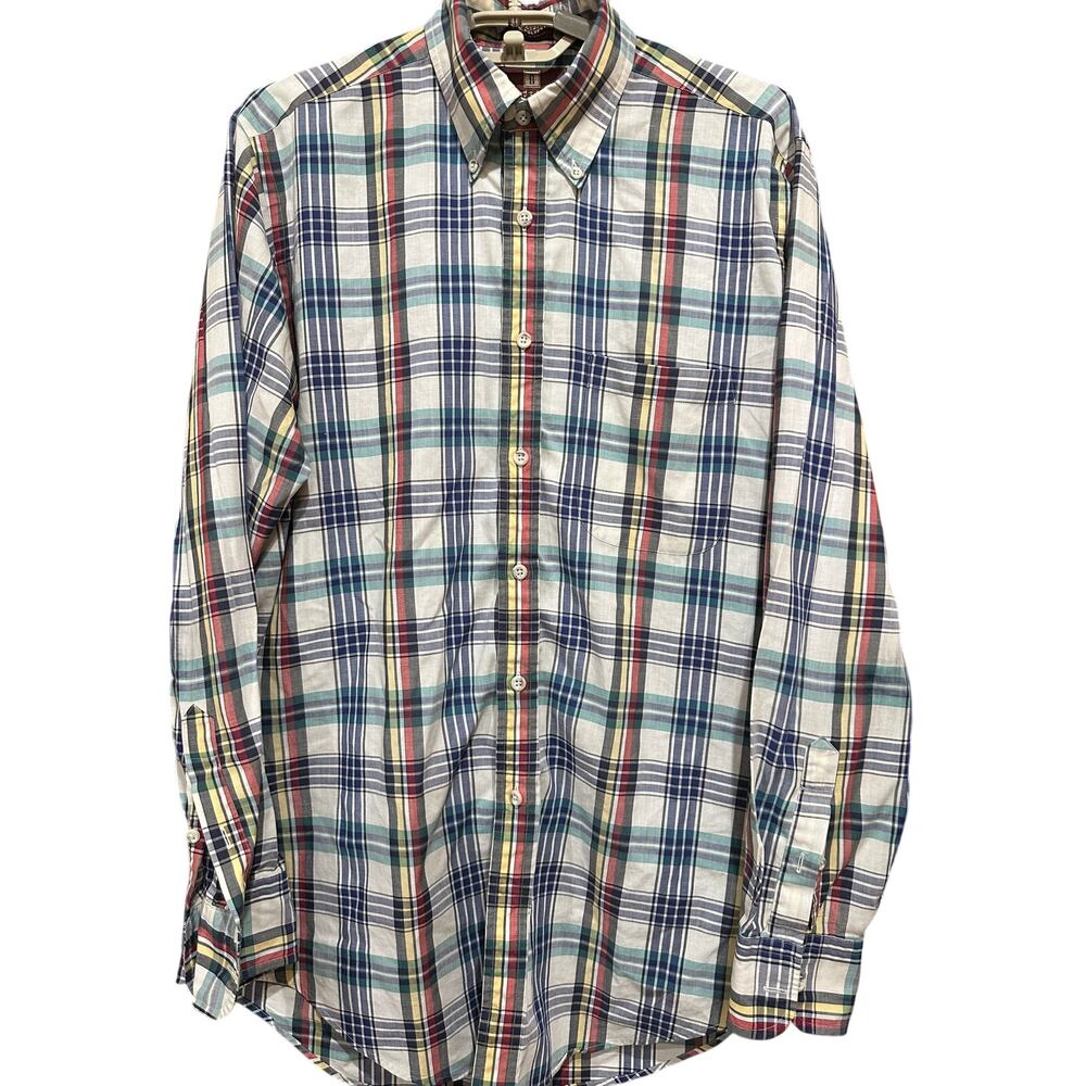 Nordstrom Men Shirt Size M Blue Yellow Plaid Button Up Long Sleeve Cotton Blend